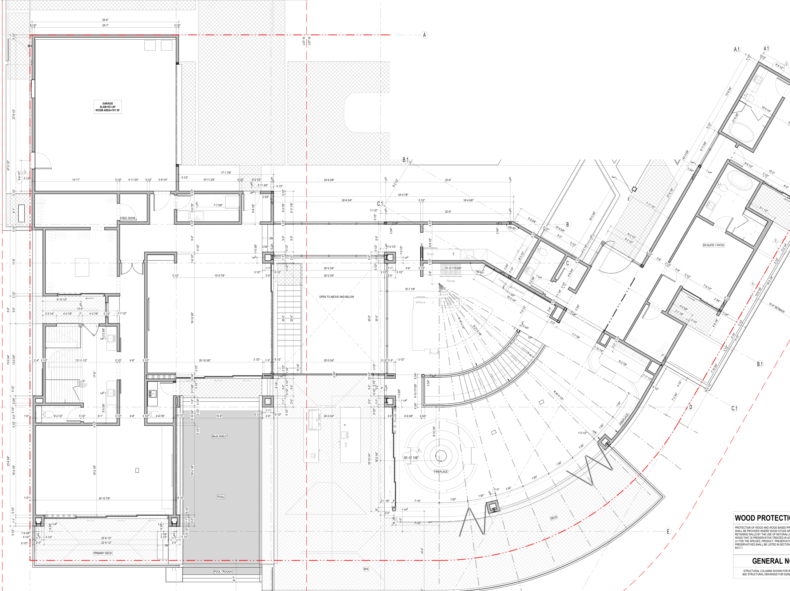 Anonymous architectural drawing excerpt with curved walls, stairs, and detailed dimensions